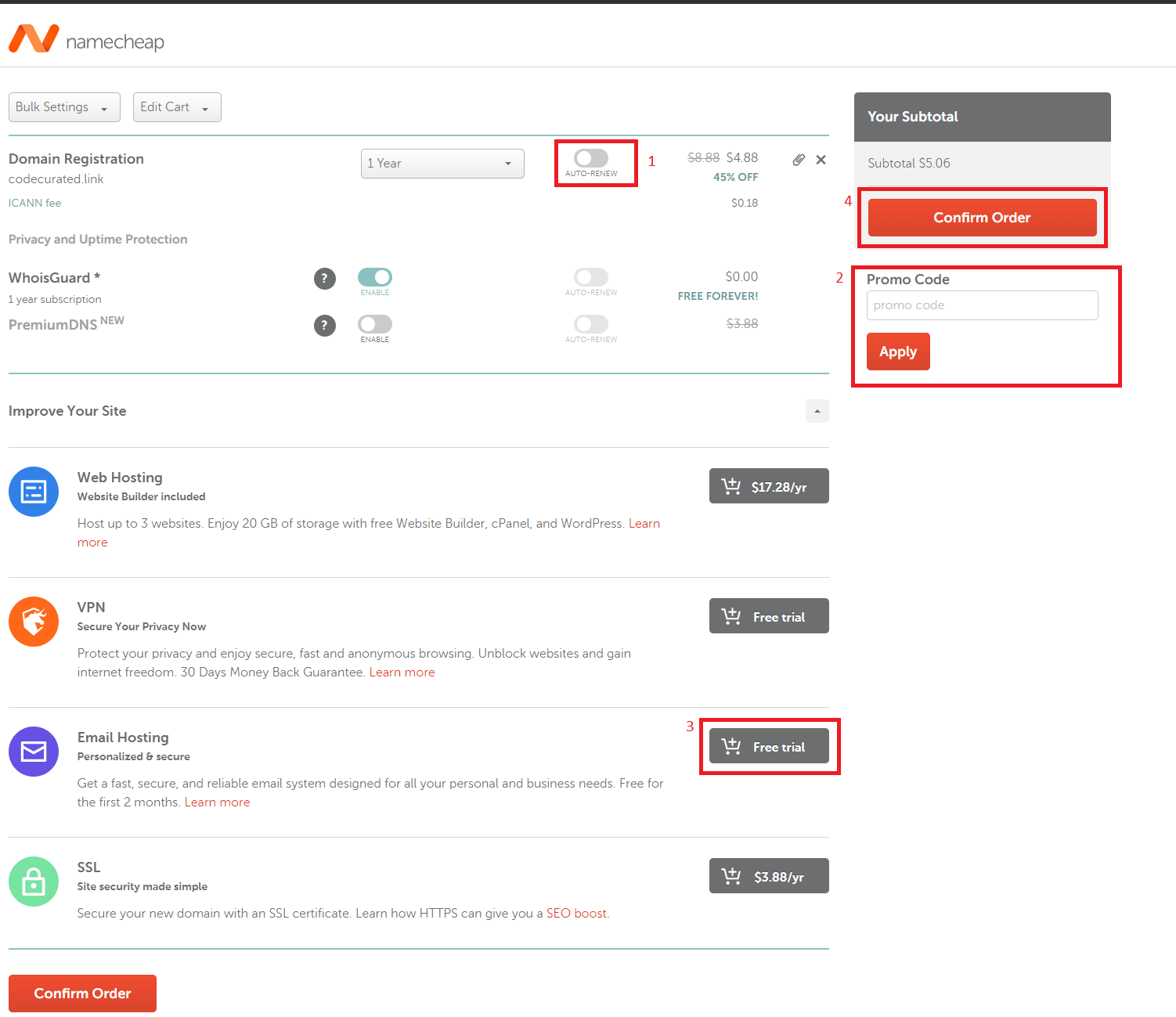 Checkout page on Namecheap for self-hosted Ghost