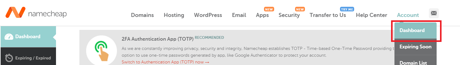 Go to Namecheap dashboard for self-hosted Ghost