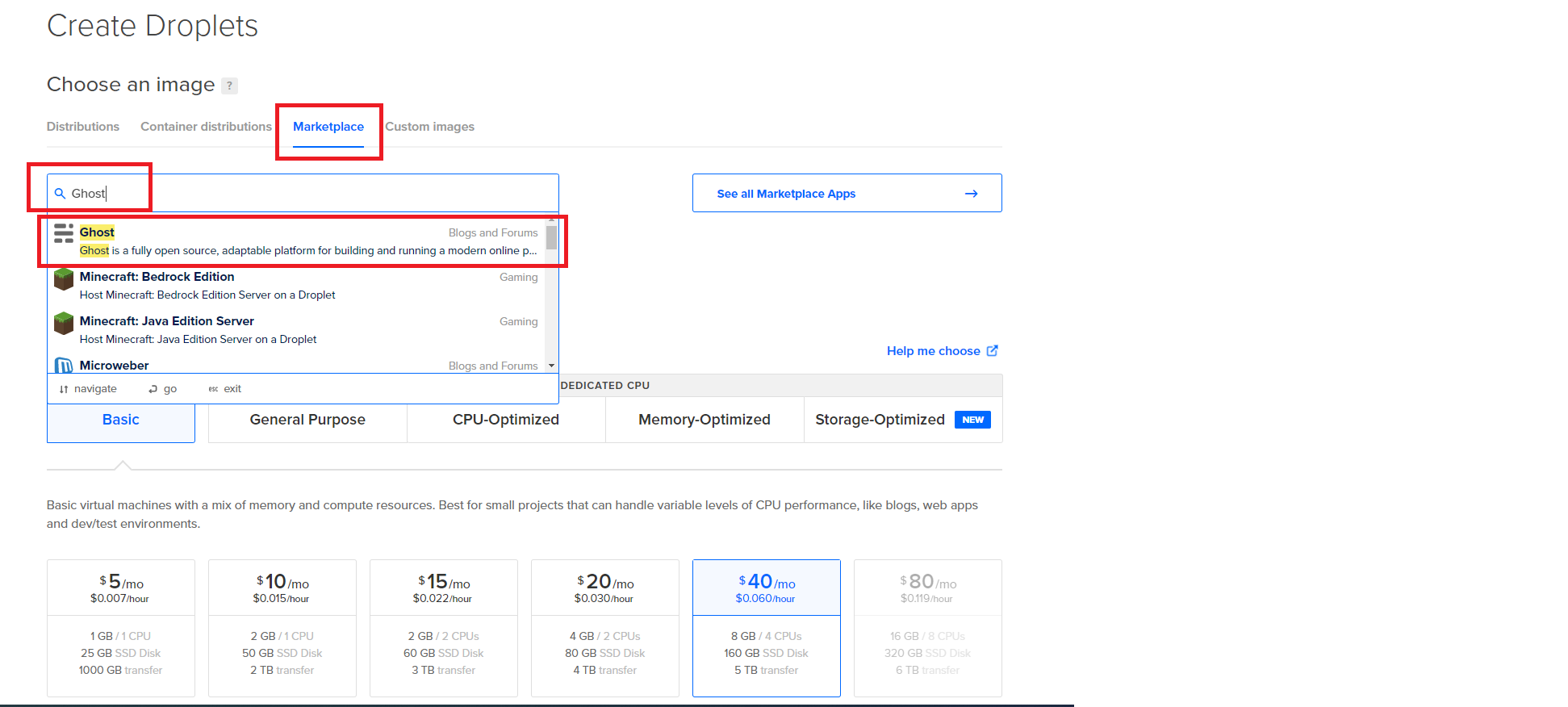 Create Ghost droplet from DigitalOcean’s marketplace