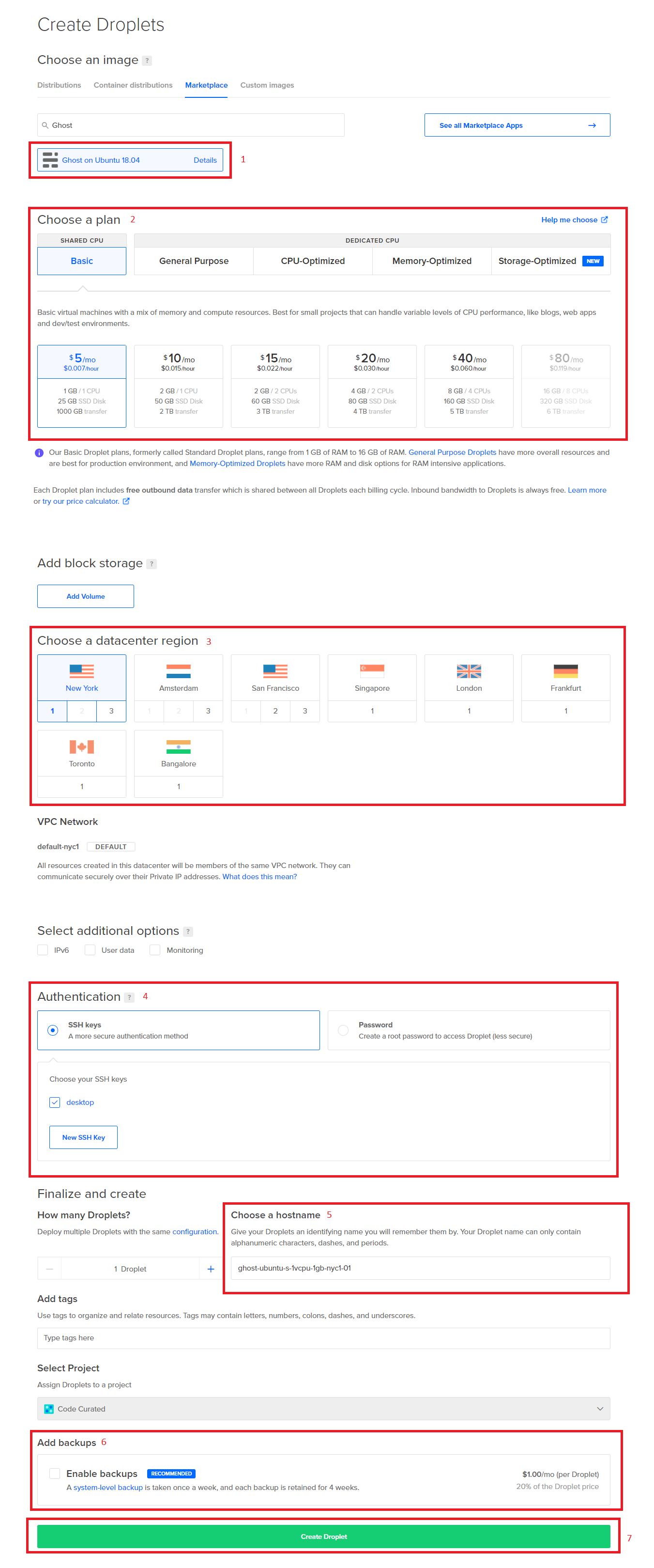 Configure Ghost droplet from DigitalOcean’s marketplace
