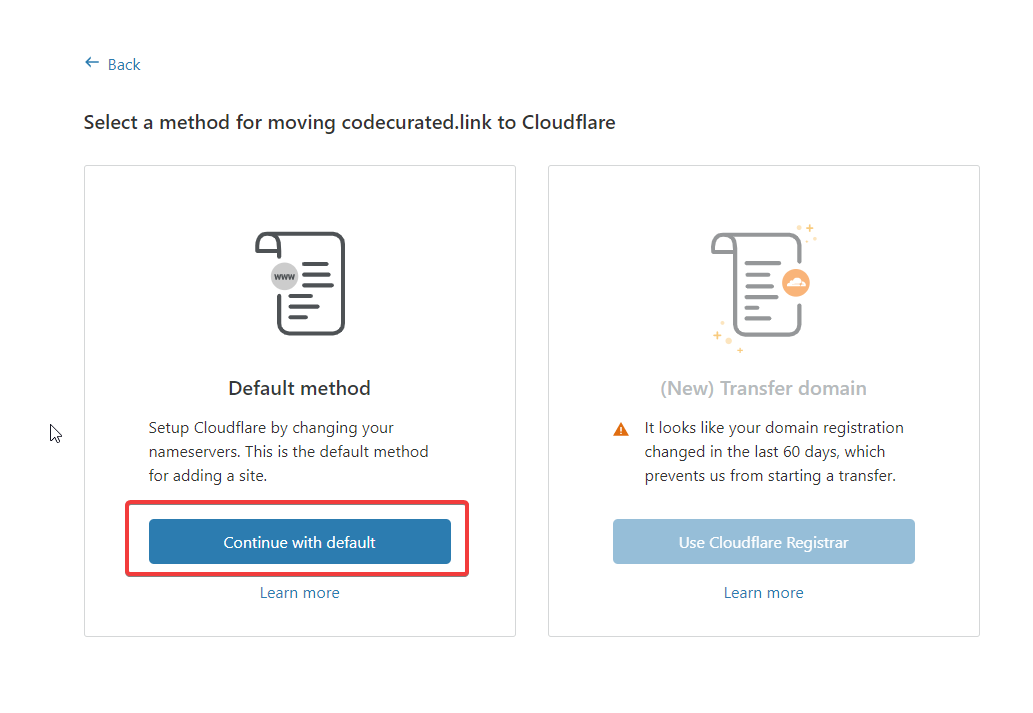 Choose method to move domain to Cloudflare
