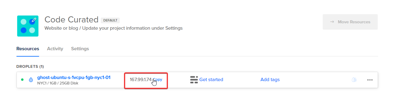 Copy Ghost droplet’s IP on DigitalOcean