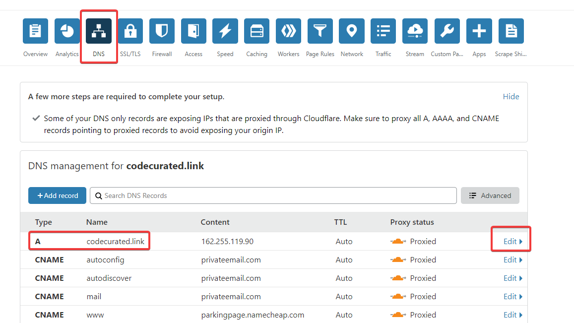 Edit DNS records on Cloudflare for self-hosted Ghost