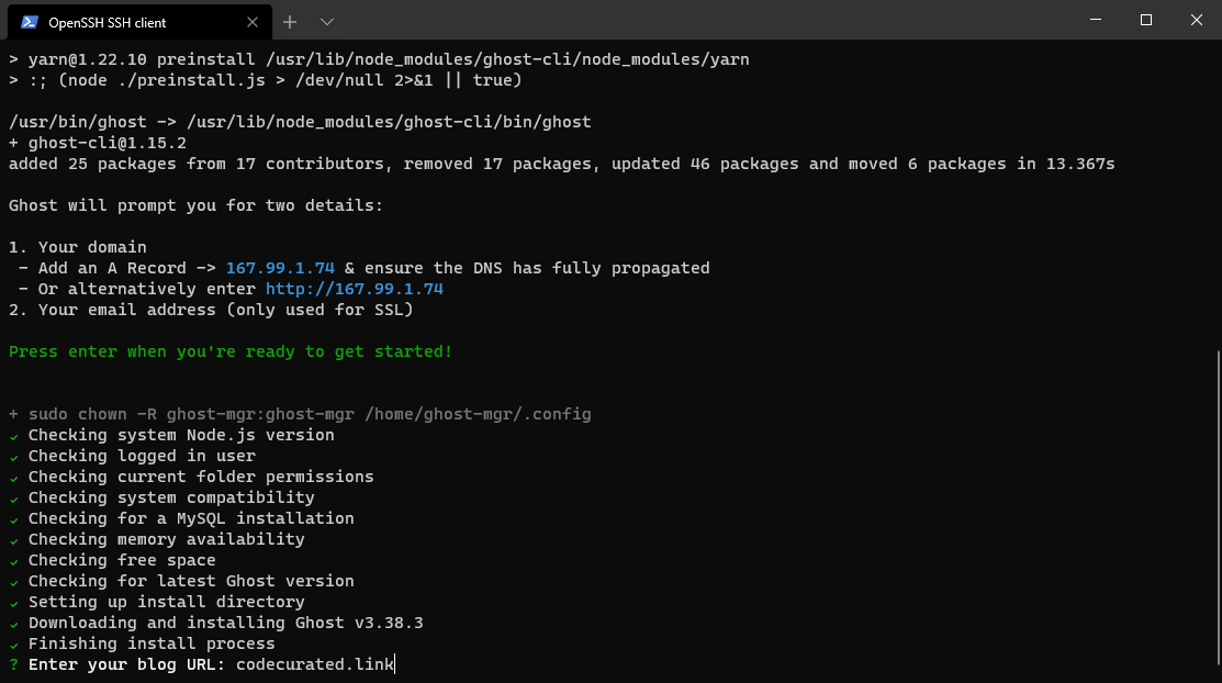 Enter domain name on Ghost droplet