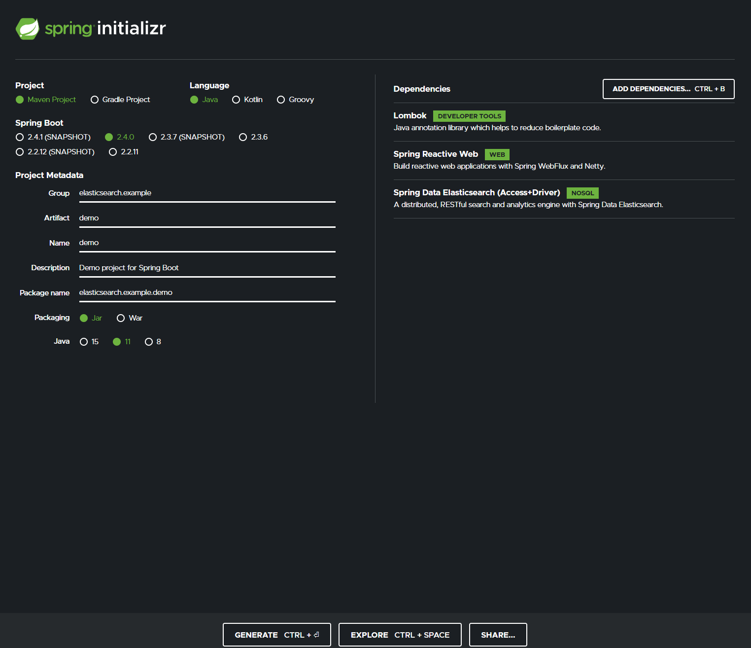 Spring Initializr configured for Java 11 and Spring Boot 2.4.0 with Spring Data Elasticsearch, Reactive Web, and Lombok.
