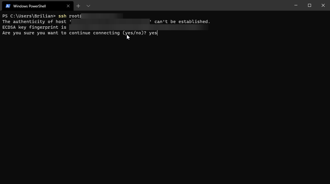 PowerShell asking to confirm the SSH host key when connecting to the Ghost server.