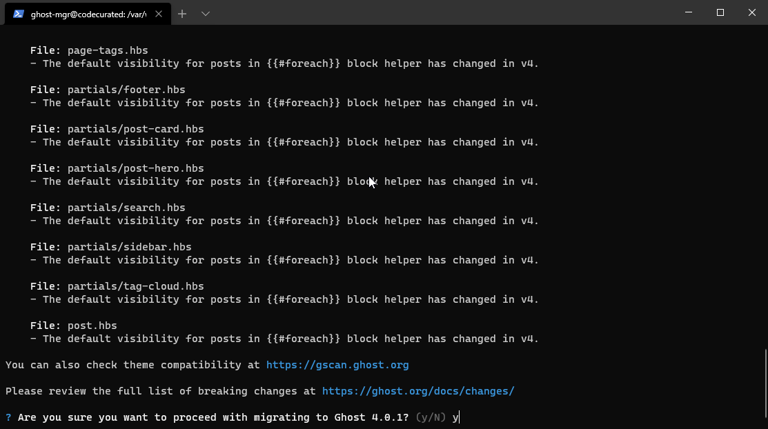 Ghost CLI listing theme compatibility warnings before confirming the migration to Ghost 4.0.1.