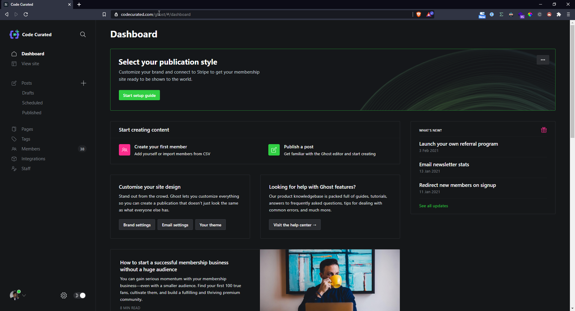 The Code Curated Ghost admin dashboard after the upgrade to version 4.