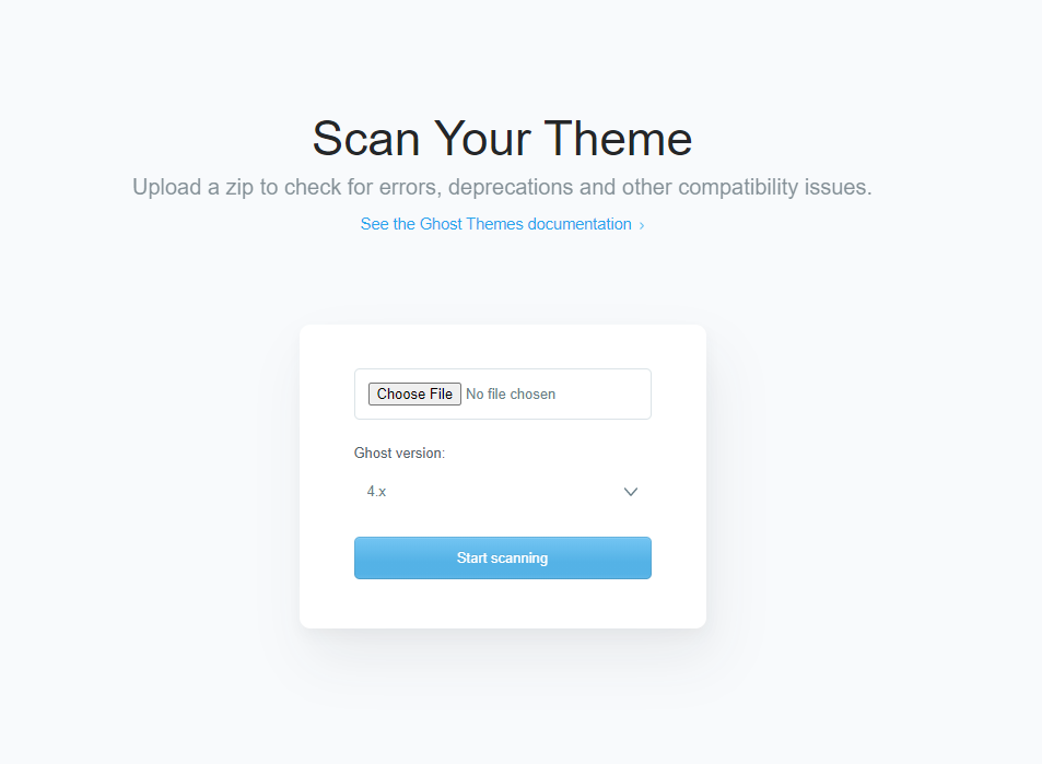 Ghost theme compatibility scanner with a ZIP upload and Ghost 4.x selected.