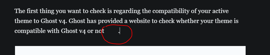 A red circle marking an invisible link against the dark background in the Ghost editor.