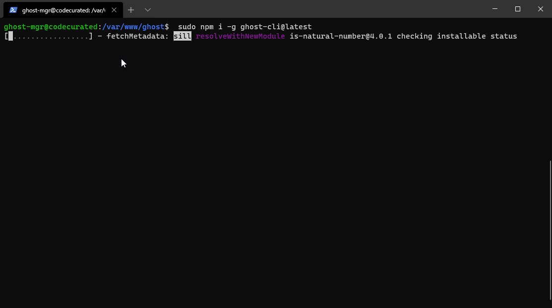 Updating the globally installed Ghost CLI package with npm.