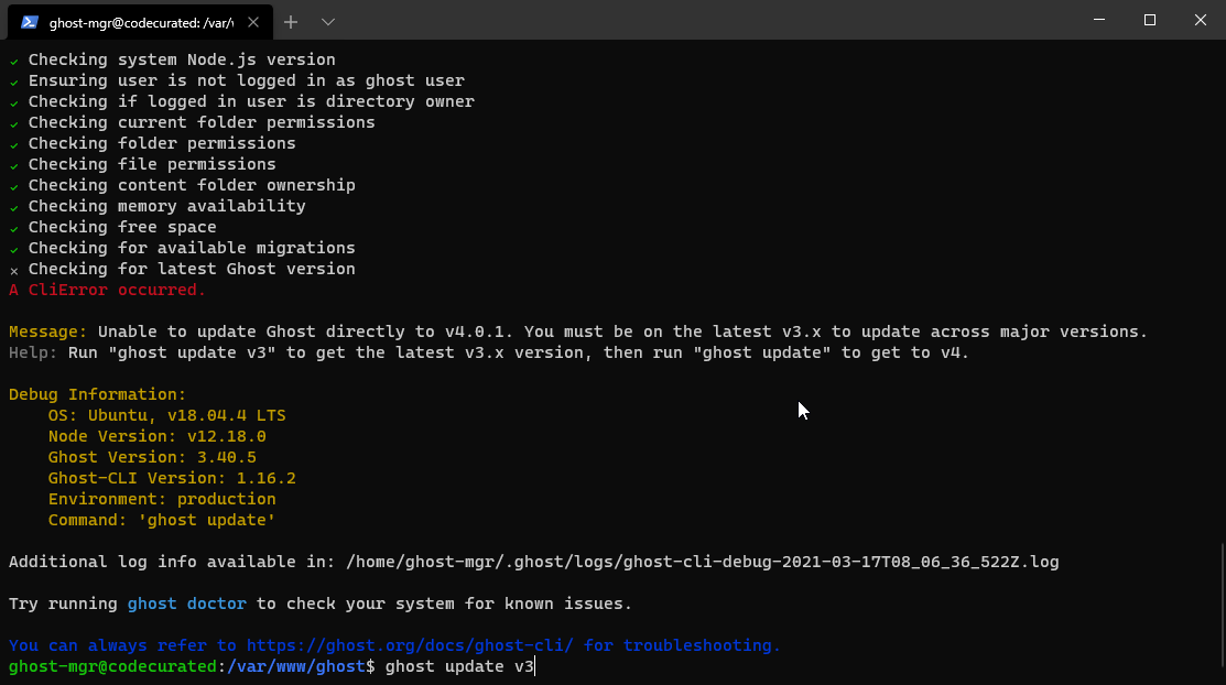 Ghost CLI requiring an update to the latest version 3 release before upgrading to version 4.