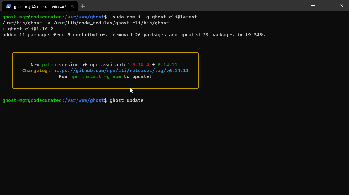 Running ghost update after installing the updated Ghost CLI package.