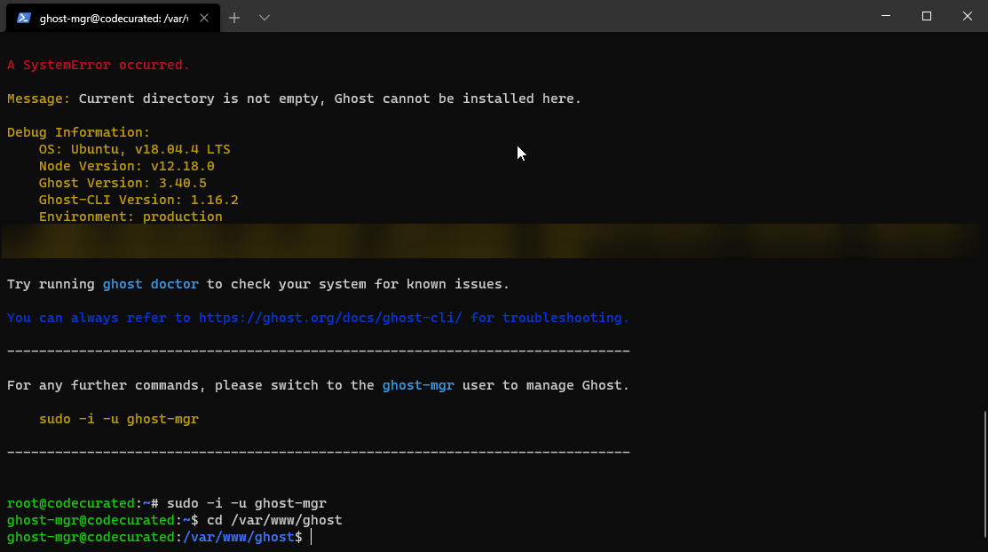 Switching to the ghost-mgr user and opening the Ghost installation directory in the terminal.