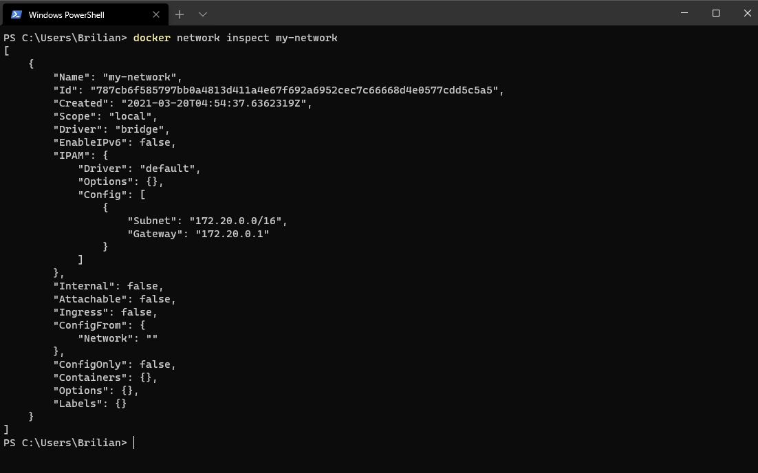 docker network inspect showing the bridge driver, subnet, and gateway for my-network.