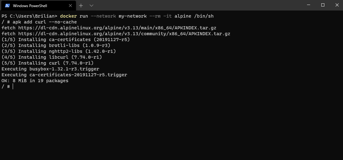 Installing curl in an Alpine container connected to my-network.