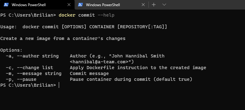 docker commit help showing how to create an image from a container and assign a repository and tag.