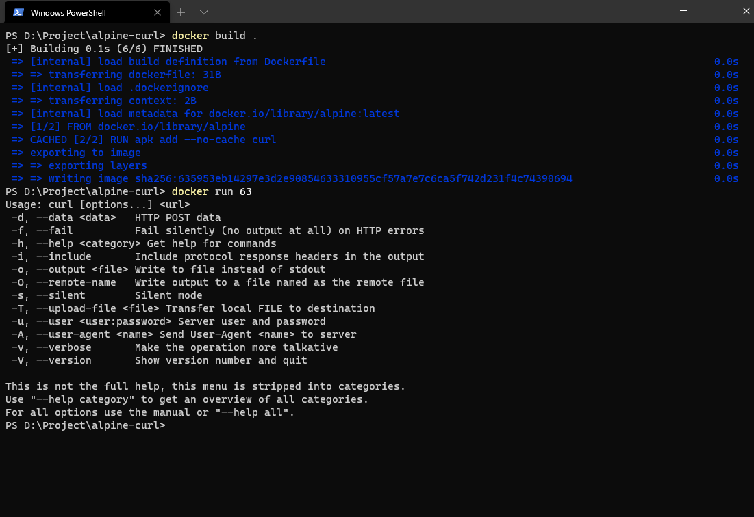 Building an Alpine image with curl from a Dockerfile, then running it to display curl help.