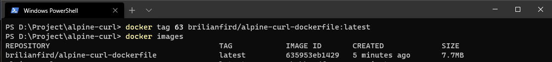 Tagging the built image as brilianfird/alpine-curl-dockerfile:latest and checking it with docker images.