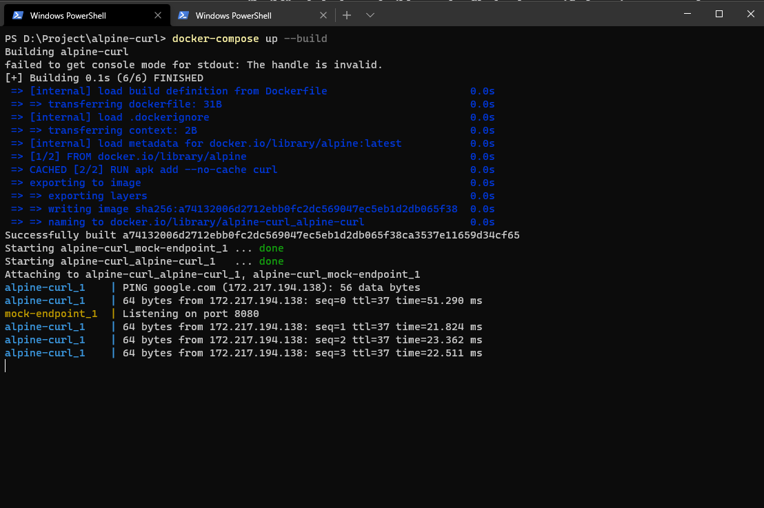 Docker Compose building alpine-curl and starting it alongside the mock endpoint service.