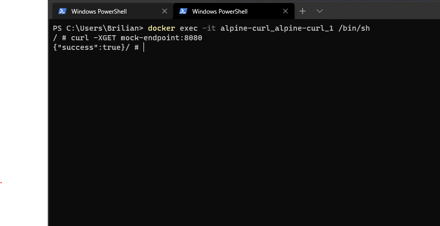 Calling mock-endpoint from the alpine-curl service and receiving a JSON success response.