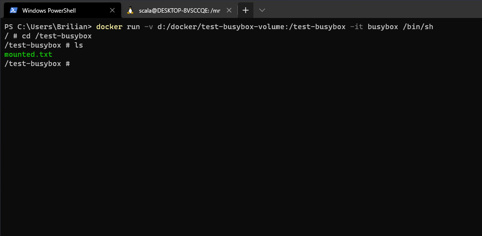 A BusyBox container reading mounted.txt from a directory mounted from the Windows host.