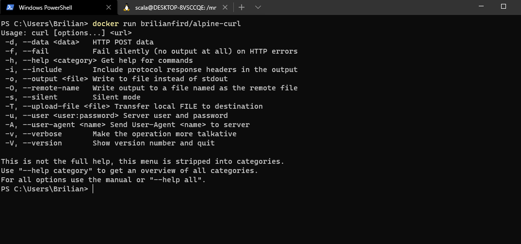 Running the custom alpine-curl image displays the curl help output.