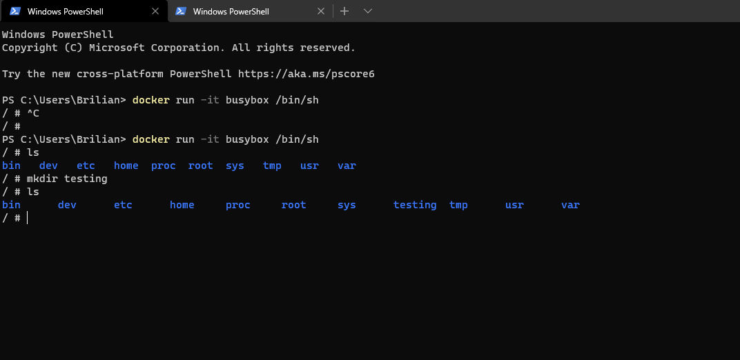 Creating a testing directory inside the BusyBox container from the first terminal.