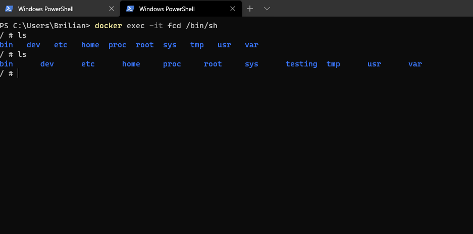 A second shell in the same BusyBox container listing the newly created testing directory.