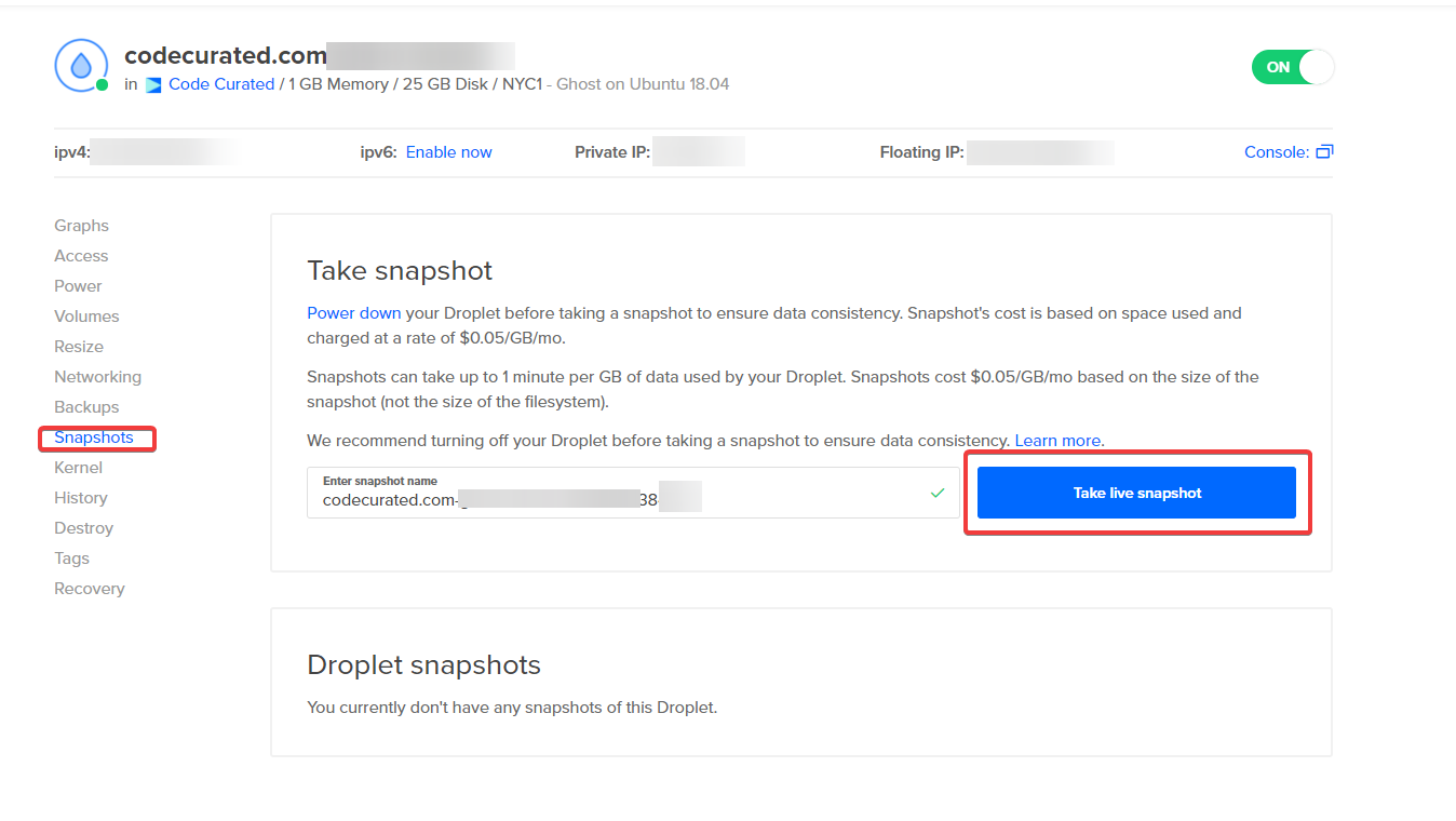 DigitalOcean Droplet snapshot page highlighting the Snapshots menu and Take live snapshot button.