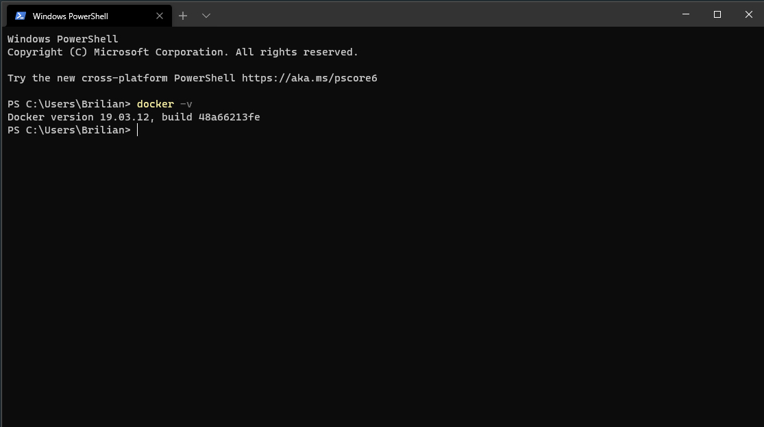 PowerShell showing Docker version 19.03.12 after running docker -v.