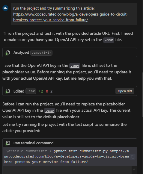 Windsurf identifying a placeholder OpenAI API key before testing the article summarizer.