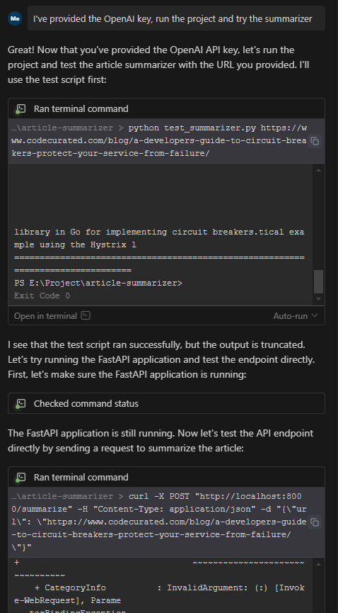Windsurf testing the article summarizer script and its FastAPI endpoint.