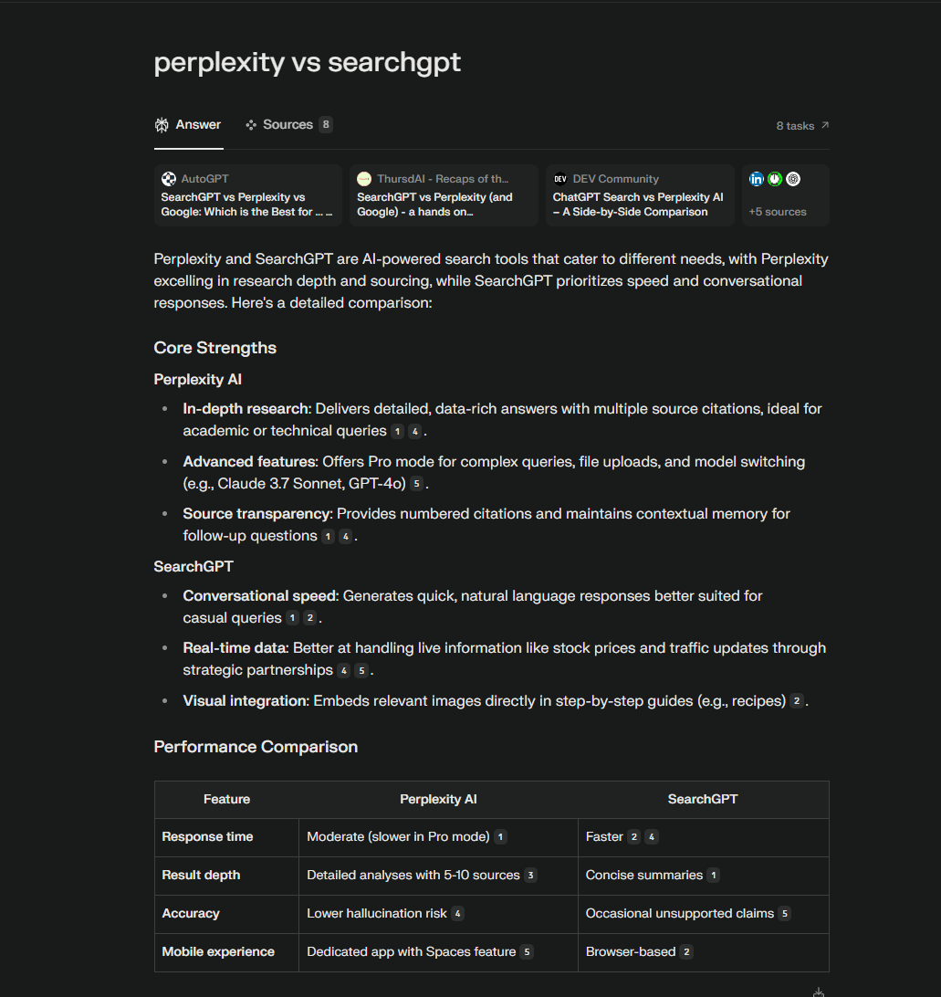 An AI search response comparing Perplexity and SearchGPT with source citations and a comparison table.